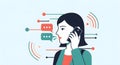 Woman talking on phone with speech bubbles and digital communication signals Royalty Free Stock Photo