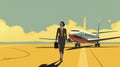 illustration of a woman walking from an airplane on the tarmac, 60\'s style, copy space, aviation theme