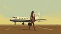 illustration of a woman walking towards an airplane on the tarmac, 70\'s style, copy space, aviation theme