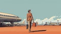 illustration of a woman walking towards an airplane on the tarmac, 70\'s style, copy space, aviation theme