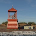 Illustration of a woman wearing a bikini waving from the observation platform of an old lifeguard station in the early morning