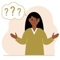 Illustration of a woman who is confused, questioning. Want to find answers. People around the question mark. Woman