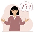 Illustration of a woman who is confused, questioning. Want to find answers. People around the question mark. Woman