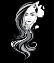 Women long hair style icon, logo women on black background