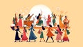 Illustration of women playing music and parading in front of the sun