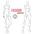 Illustration of women`s figure for designers of clothes. Outline girl model template for fashion sketching. Vector illustration.