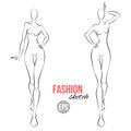 Illustration of women`s figure for designers of clothes. Outline girl model template for fashion sketching. Vector illustration.