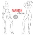 Illustration of women`s figure. Outline girl model template for fashion sketching. Front and back sides.