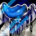 Illustration of women`s tongue in graffiti-style drips of paint. Cute, small girl showing blue tongue.