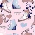 Illustration of Women seamless Hand drawn pattern with winter shoes. Fashion elegand footwear for female. Comfort for Royalty Free Stock Photo