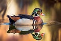 An Illustration of Wood duck drake in the lake with shallow depth of field, AI Generated Royalty Free Stock Photo