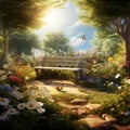 Illustration of a wooden bench in the middle of a beautiful flower garden. Royalty Free Stock Photo