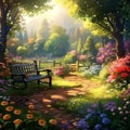 Illustration of a wooden bench in the middle of a beautiful flower garden. Royalty Free Stock Photo