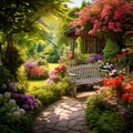 Illustration of a wooden bench in the middle of a beautiful flower garden. Royalty Free Stock Photo