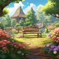 Illustration of a wooden bench in the middle of a beautiful flower garden. Royalty Free Stock Photo