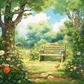 Illustration of a wooden bench in the middle of a beautiful flower garden. Royalty Free Stock Photo