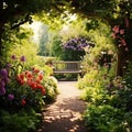 Illustration of a wooden bench in the middle of a beautiful flower garden. Royalty Free Stock Photo