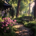 Illustration of a wooden bench in the middle of a beautiful flower garden. Royalty Free Stock Photo