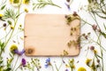 Illustration of wooden board with copy space surrounded with spring flowers Royalty Free Stock Photo