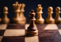 Illustration of wooden chess pieces on a chess board, dark blurred background. Royalty Free Stock Photo