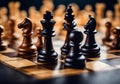 Illustration of wooden chess pieces on a chess board, dark blurred background. Royalty Free Stock Photo