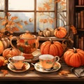 Illustration wooden desk and on it coffee cups, all around pumpkins, books, autumn leaves. Pumpkin as a dish of thanksgiving for Royalty Free Stock Photo