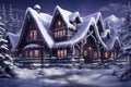 illustration of a wooden house covered with snow, in the forest, on a winter night, Christmas mood, beautiful landscape Royalty Free Stock Photo