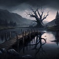 Illustration of a wooden jetty with dark river and dark tree with mountain background.