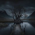 Illustration of a wooden jetty with dark river and dark tree with mountain background