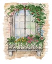 Illustration of wooden old retro window with shreds and small balcony wreathed in flowers. Watercolor illustration Royalty Free Stock Photo