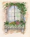 Illustration of wooden old retro window with shreds and small balcony wreathed in flowers. Watercolor illustration Royalty Free Stock Photo