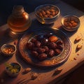 Illustration of a wooden table top and dried grape seeds and nuts. And honey. Ramadan as a time of fasting and prayer for Muslims