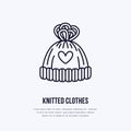 Illustration of woolen hat. Knitted clothing shop line logo. Vector flat sign for atelier or garment shop