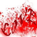 Illustration with the word `LOVE` in burgundy on a background of red spots and splashes on a white background.