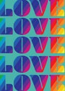 Illustration of the word love in rainbow letters repeated five times filling blue background