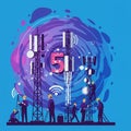 Illustration of workers installing and maintaining 5G communication towers. The Royalty Free Stock Photo