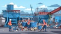 Illustration of workers sorting waste at a recycling facility Royalty Free Stock Photo