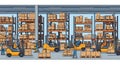 Warehouse Scene with Workers Operating Forklifts and Moving Boxes Royalty Free Stock Photo