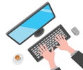Illustration Working On Computer Monitor Mouse Keyboard Hands Coffee Cup Office Modern Business Digital Technology Device