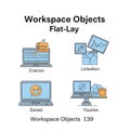 Illustration of Workspace Objects features stylized technology items. Four Royalty Free Stock Photo