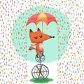 The Illustration of the World of Children's Imagination: Little Fox ride a Unicycle in the Rain.