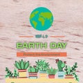 Illustration of world earth day and protect the environment text with globe and various potted plant