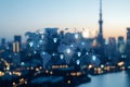 Illustration of a world map with connection points overlaying a blurred city skyline, symbolizing global networking and digital