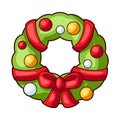 Illustration of wreath. Sweet Merry Christmas item. Cute symbol in cartoon style.