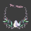 Illustration, wreath with watercolor cute bird, purple forest plants, hand drawn isolated on a dark background