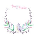 Illustration, wreath with watercolor cute bird, purple forest plants, hand drawn isolated Royalty Free Stock Photo