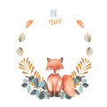 Illustration, wreath with watercolor fox, blue and orange plants, hand drawn