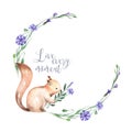 Illustration, wreath with watercolor squirrel and cornflowers