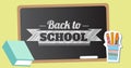 Illustration of writing slate with back to school text and desk organizer with chalk and book Royalty Free Stock Photo