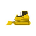 Flat vector icon of yellow bulldozer. Powerful tractor with broad upright blade at front. Heavy motor machine